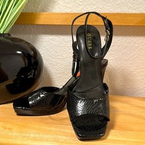Brand new never worn GUESS square toe strappy stilletto black snake print